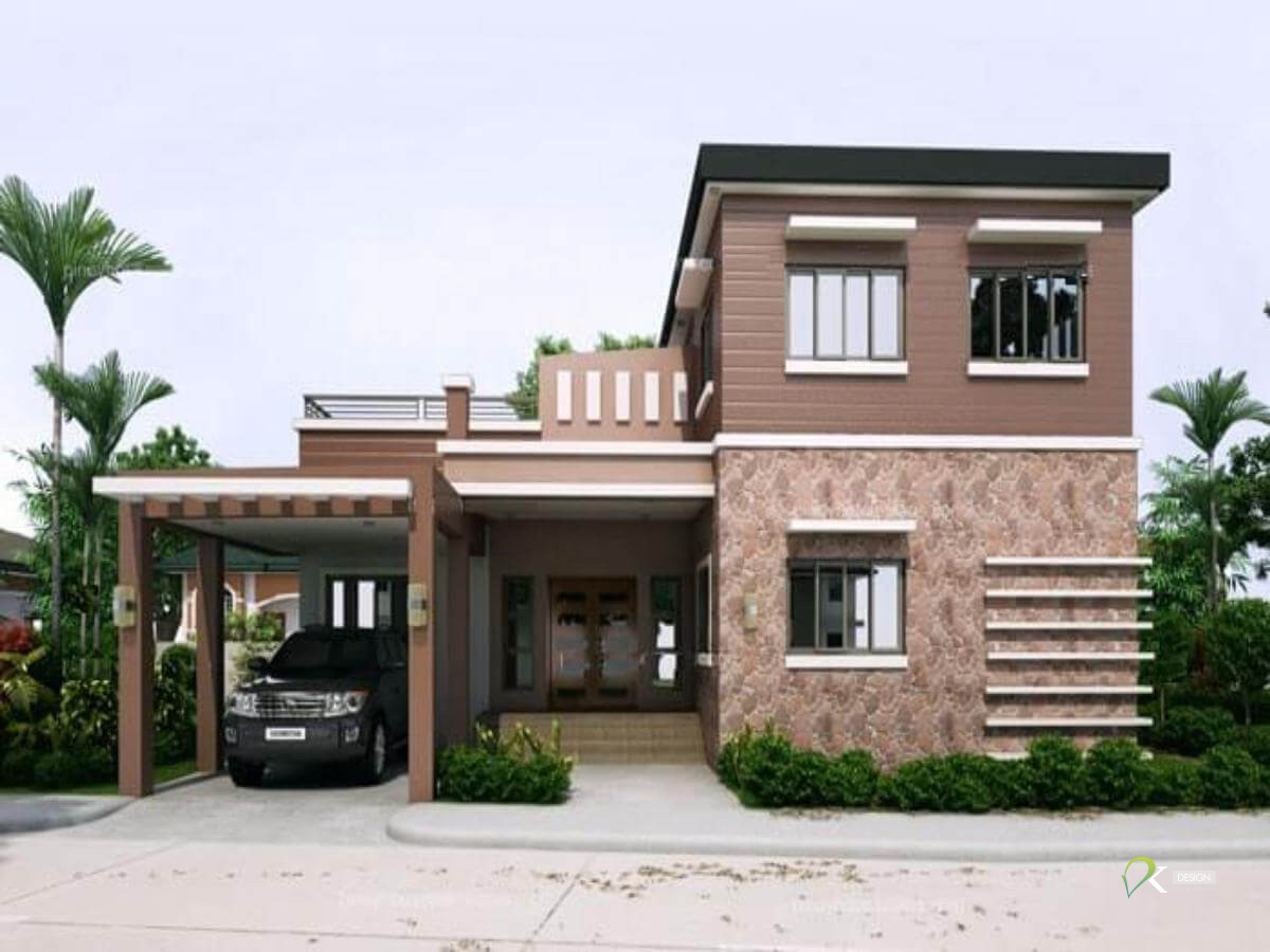 Mẫu nhà có gara và gác lửng ốp gạch mang lại sự thanh lịch và hiện đại